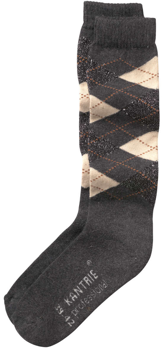 9025926_HPT_1 Schwarze Socken mit einem geometrischen Muster in Beigetönen und Glitzerakzenten.